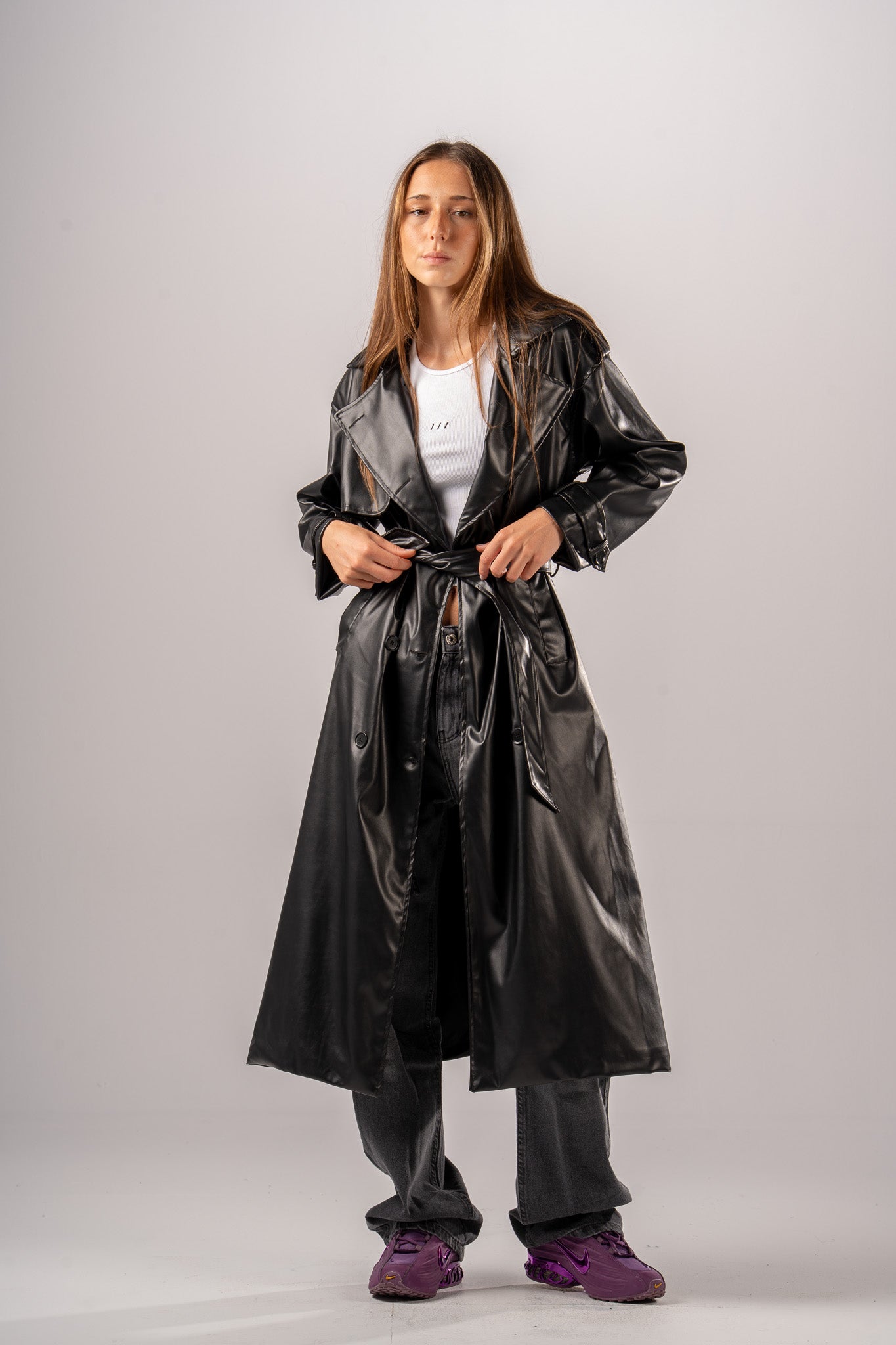 Black Double Breast PU Coat